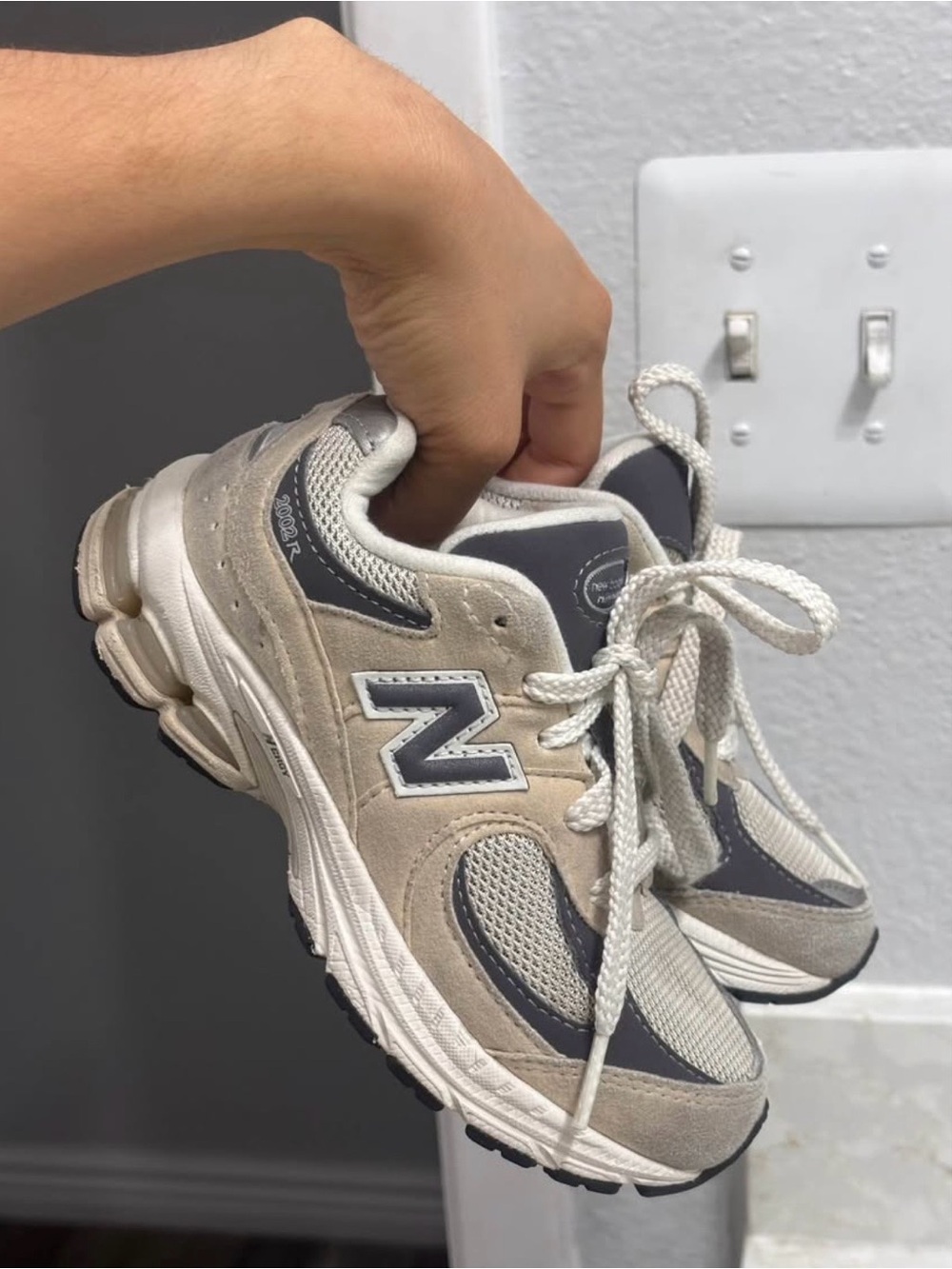 New Balance 2002R Kids Beige and Gray Lace-Up Sneakers